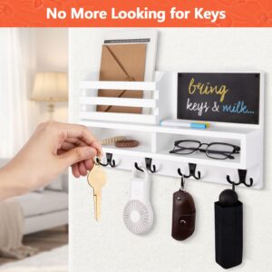 FIPUTE Key Holder for Wall, Wall Mounted Mail Holder Wooden with Shelf & 3 Liquid Chalks & Chalkboard, Mail Sorter Organizer, Rustic Home Decor - Entryway Living Room (15.98”W x 9.1”H x 3.3”D), White