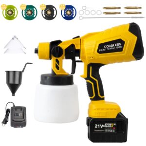 cordless paint sprayer with battery, hvlp spray paint gun with 1 fast charger, 4 copper nozzles & 3 spray patterns, electric paint sprayer gun for house painting, yellow