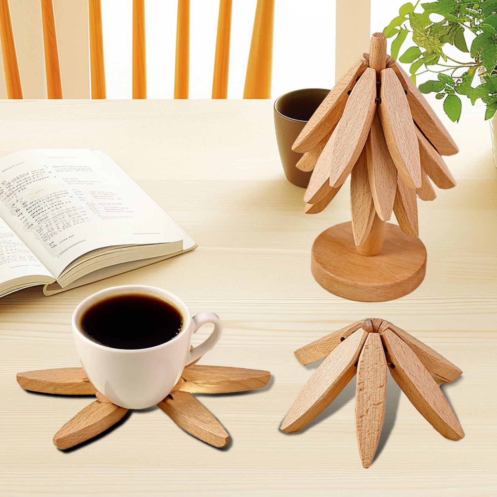 Wooden Trivets for Hot Dishes-Tree Shape Trivet Set,Trivets for Hot Dishes - 4 Wooden Trivet + 1 Stand for Hot Dishes/Pot/Bowl/Teapot/Hot Pot Holders (Walnut)