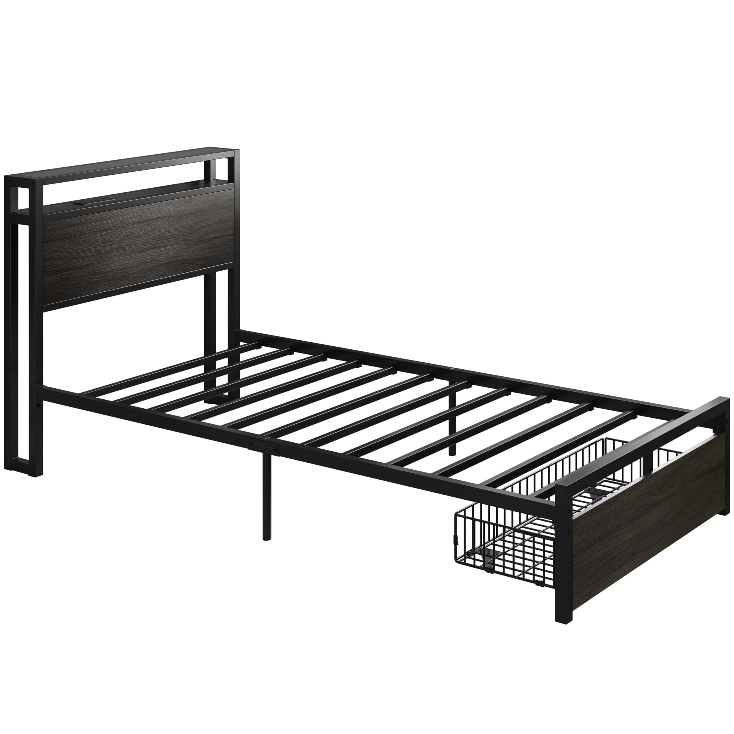 LIKIMIO Twin XL Bed Frames with Drawer, Storage Headboard with Outlets, No Box Spring Needed, Easy Assembly, Gray Black