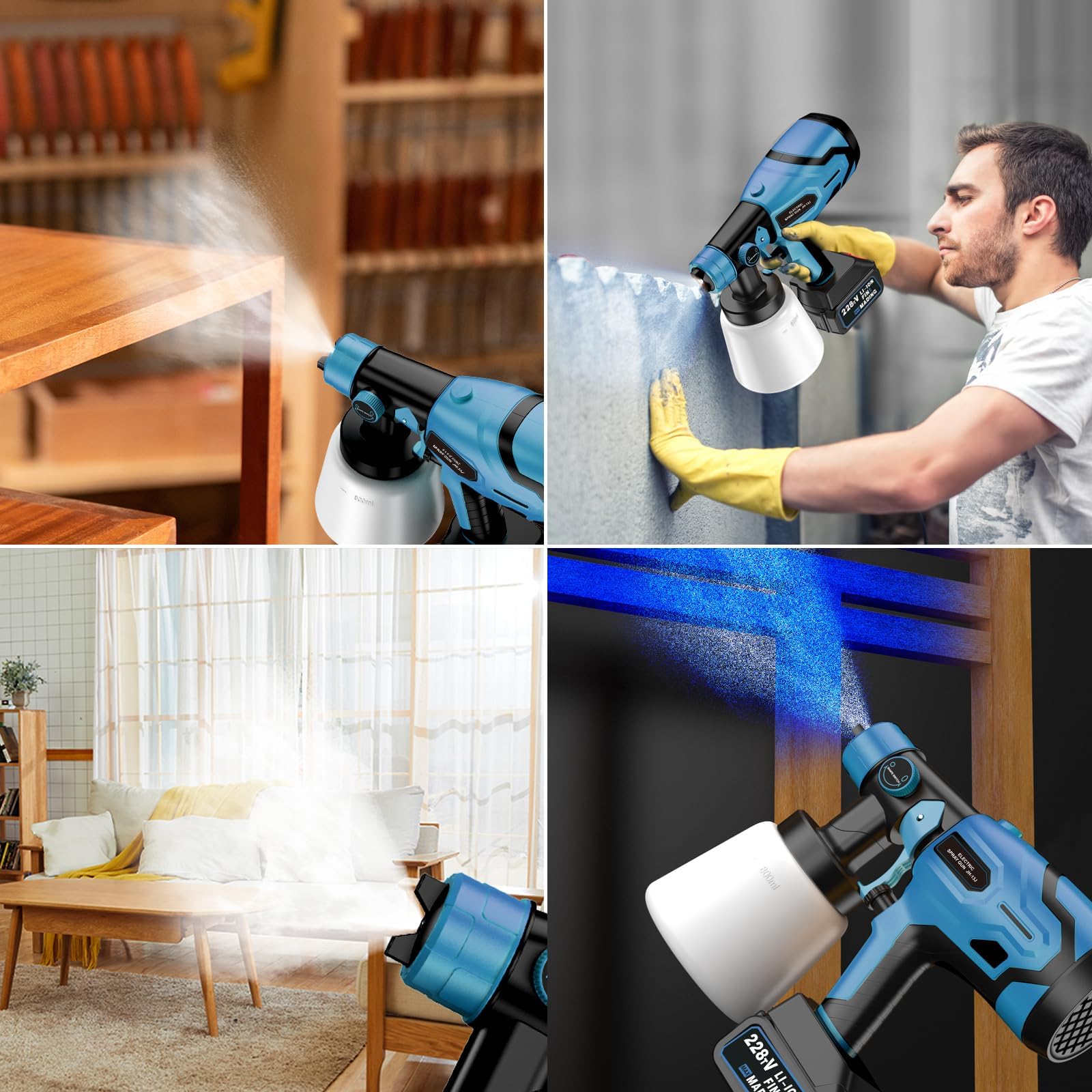 Upgrades Battery Paint Sprayer Cordless, Brushless Paint Gun with 2 x 4.0Ah Battery & 6 Nozzles, HVLP High Pressure Paint Gun for Furniture and House Painting Fence Wall (Blue)