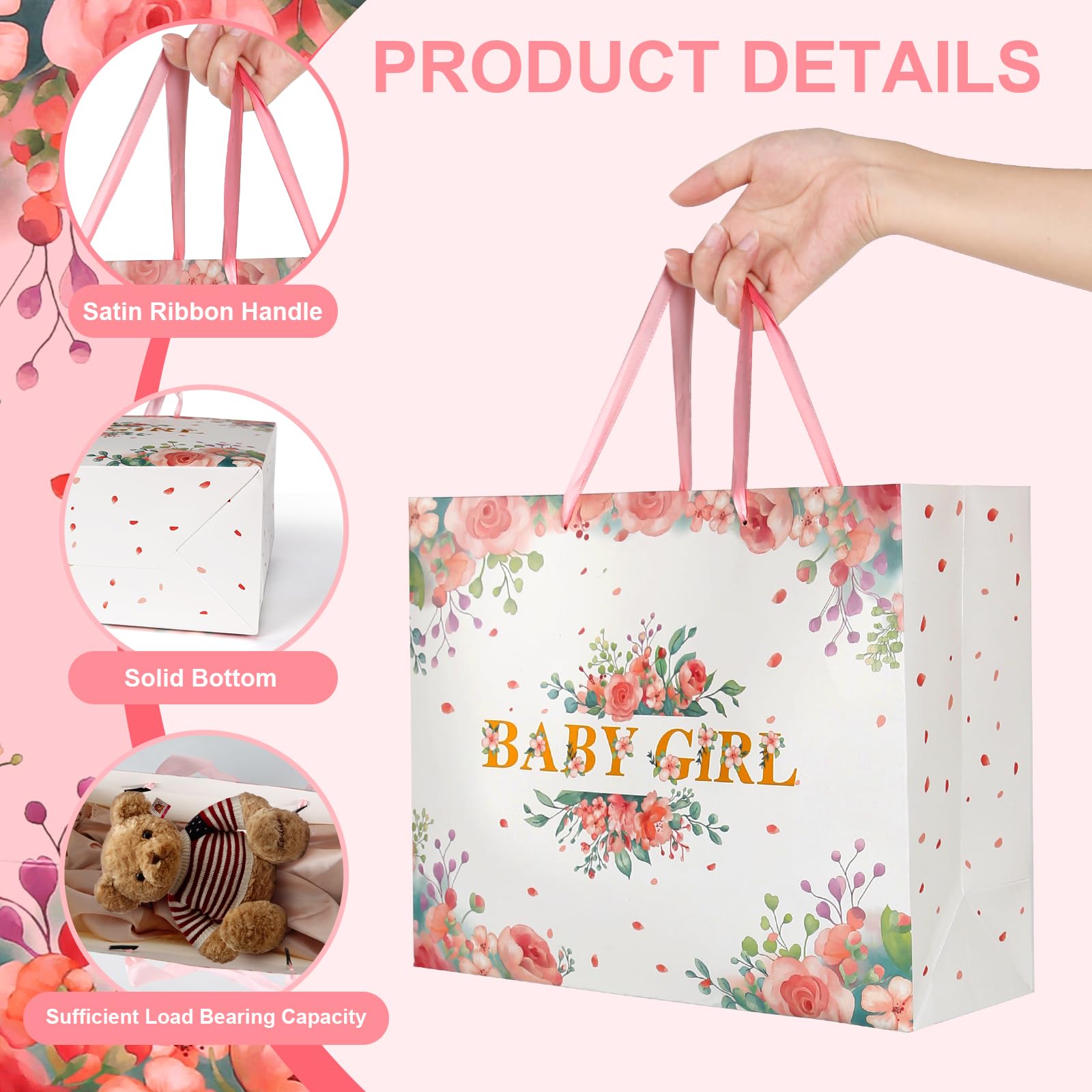 13'' Large Pink Floral Gift Bag for Baby Girl - Includes Wrapping Paper, Pink Tissue Paper, and Card for Newborn Gifts, Showers, Birthdays, and Celebrations