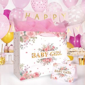 13'' Large Pink Floral Gift Bag for Baby Girl - Includes Wrapping Paper, Pink Tissue Paper, and Card for Newborn Gifts, Showers, Birthdays, and Celebrations