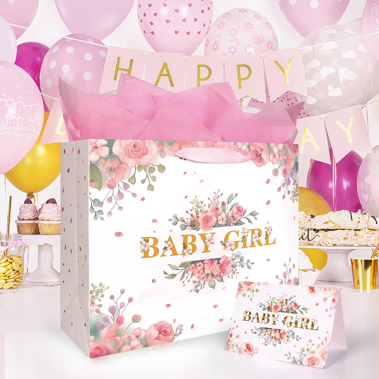 13'' Large Pink Floral Gift Bag for Baby Girl - Includes Wrapping Paper, Pink Tissue Paper, and Card for Newborn Gifts, Showers, Birthdays, and Celebrations