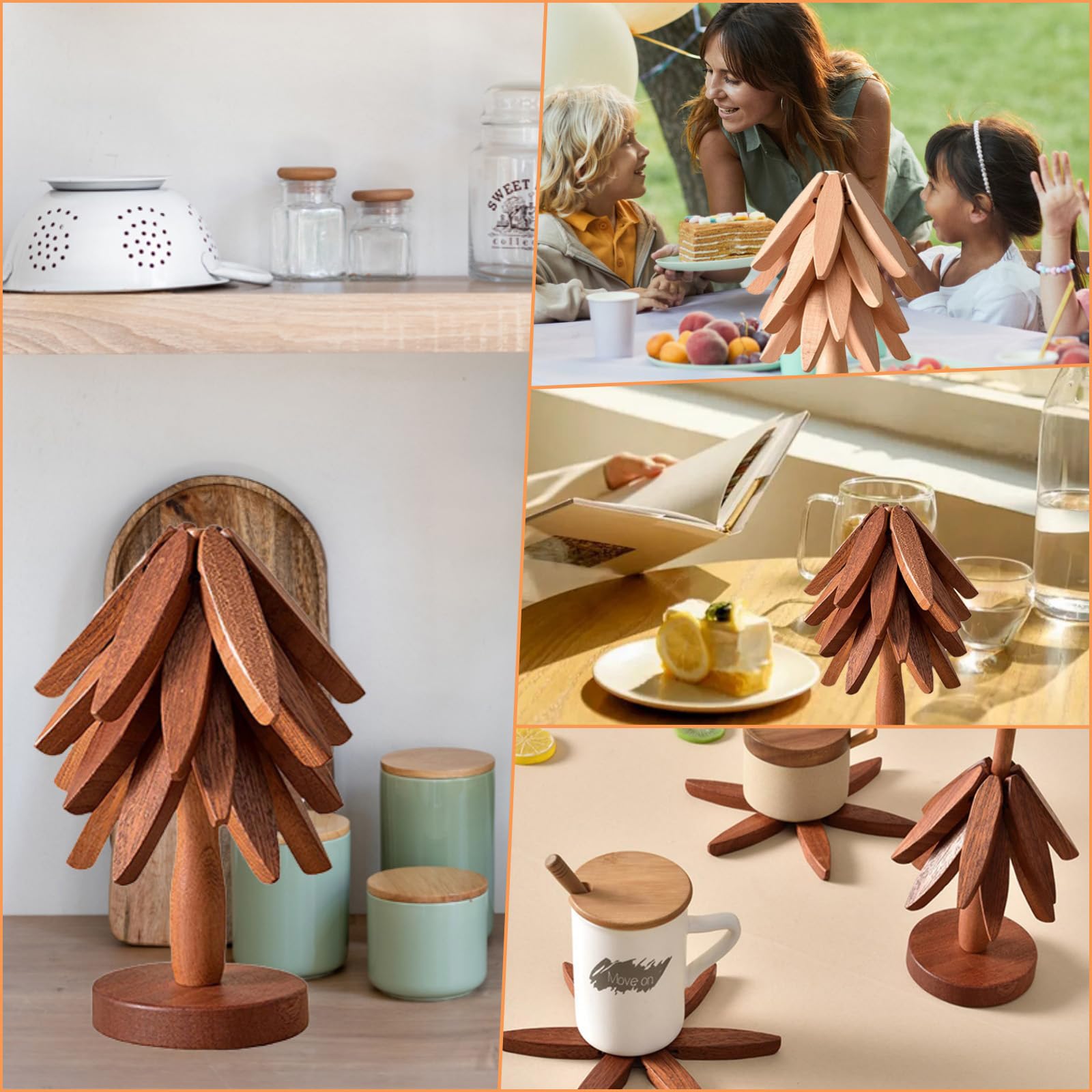 Wooden Trivets for Hot Dishes-Tree Shape Trivet Set,Trivets for Hot Dishes - 4 Wooden Trivet + 1 Stand for Hot Dishes/Pot/Bowl/Teapot/Hot Pot Holders (Walnut)