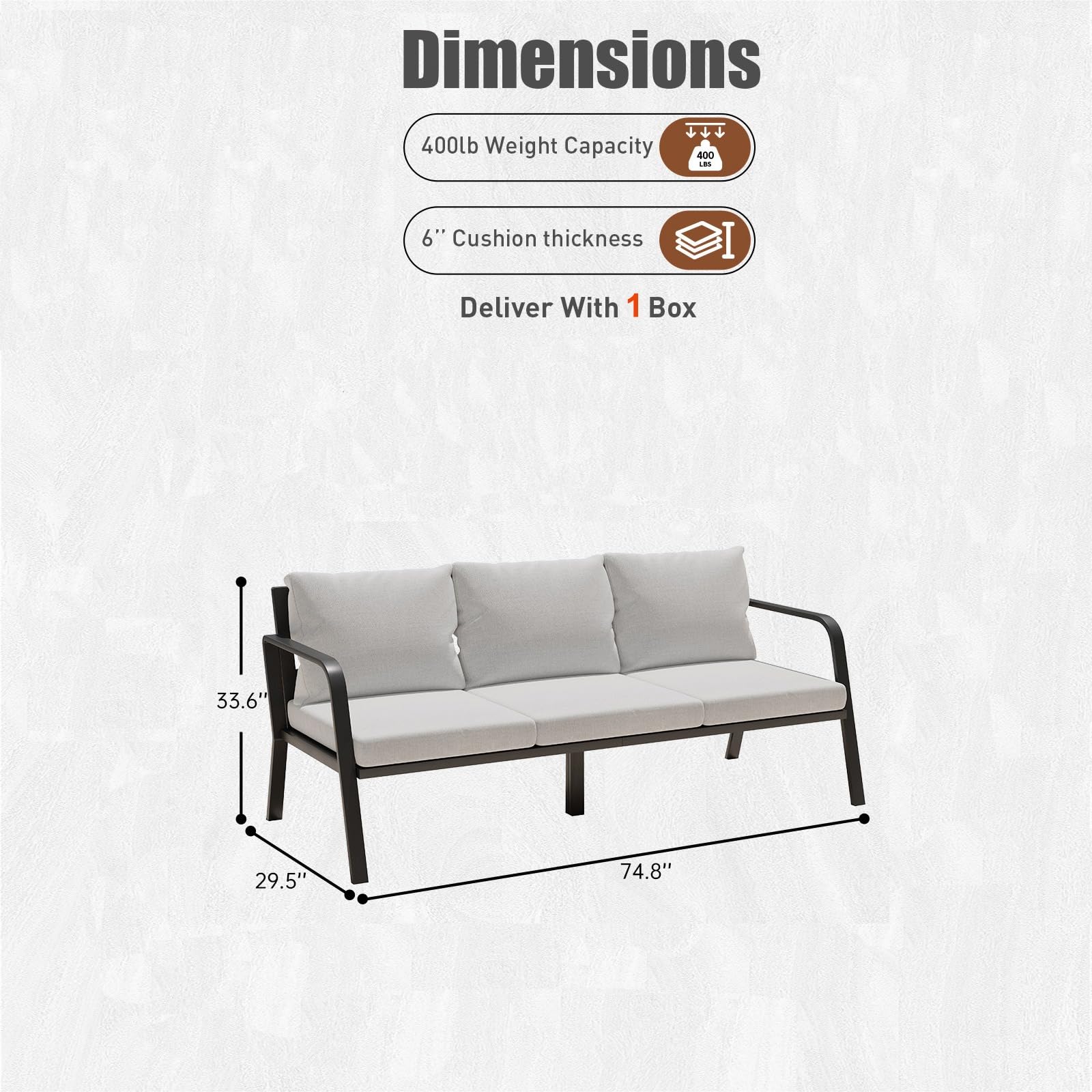 Outlux 1Set Aluminum Sofa Chairs, Three People Sofa with Rust-Resistant Cushions -Perfect for Yard, Deck, Porch, and Balcony (Only 1sofa)