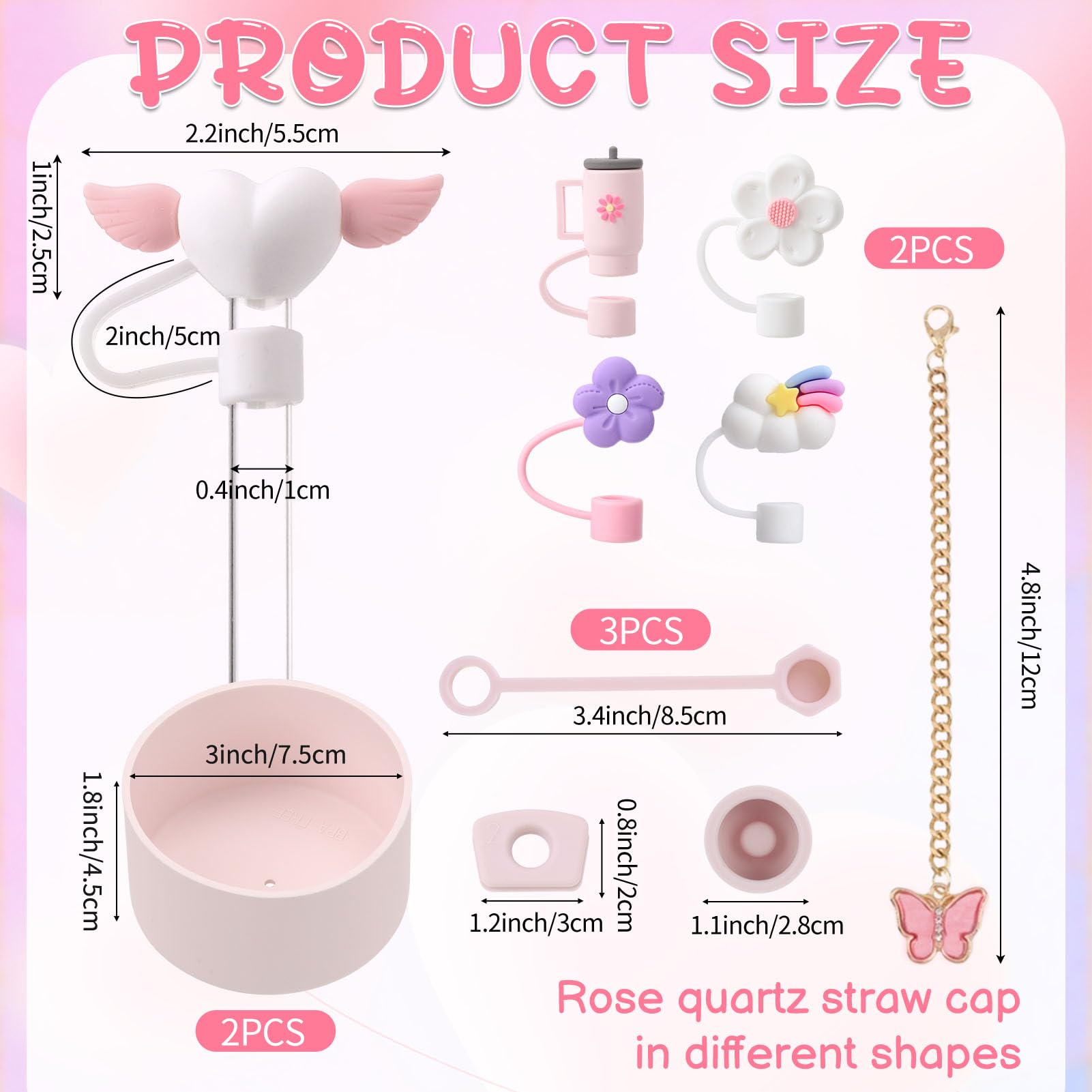 XLSXEXCL 18 Pcs Rose Quartz Cup Accessories for Stanley,Including 9 Pcs Silicone Spill Stopper for Stanley,5 Pcs Straw Cover Cap for Stanley,2 Pcs Charms and Bottom Protector for Stanley Cup 30&40Oz