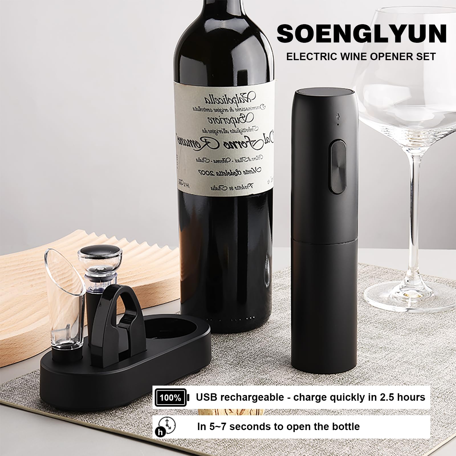 Soenglyun Electric Wine Opener Set, USB Rechargeable Electric Wine Corkscrew With Foil Cutter, Wine Aerator, Vacuum Stopper And Charging Stand, Gifts For Wine Lovers, Black