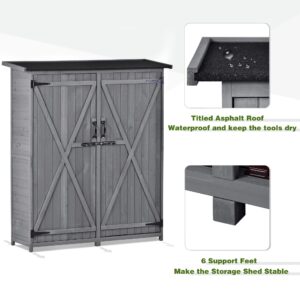 5.3ftHx4.6ftL Outdoor Wood Storage Shed Garden Storage Cabinet Waterproof Asphalt Roof Double Lockable Doors 3-Tier Shelves Gray