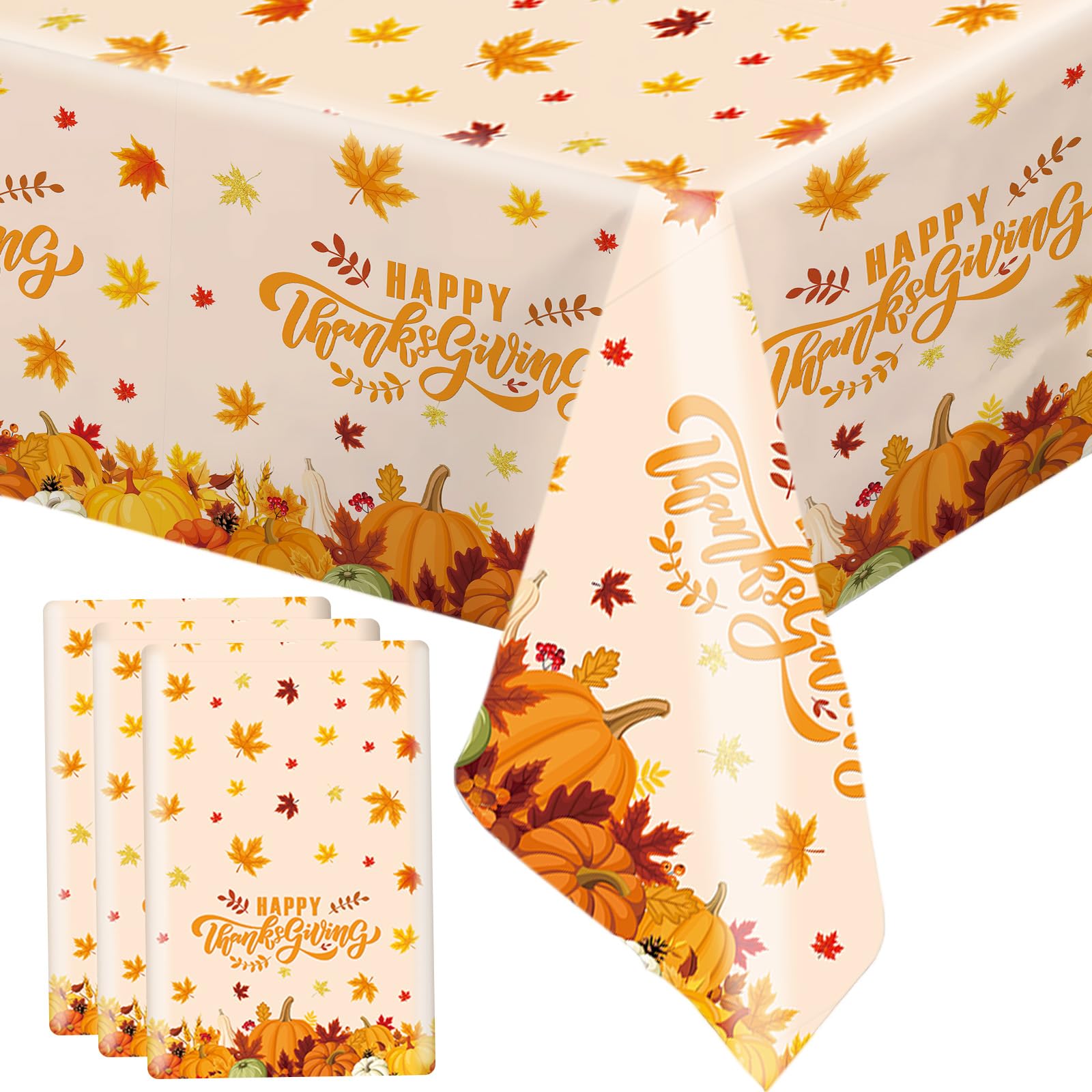 MEHOFOND 3 Pcs Happy Thanksgiving Disposable Tablecloth, Pumpkin Maple Leaves Fall Thanksgiving Party Decorations, Autumn Give Thanks Plastic Table Cover, Thanksgiving Dinner Party Supplies