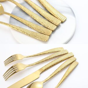 20-Piece Gold Silverware Set, Heavy Duty Hammered 18/10 Stainless Steel Flatware Set for 4, Food-Grade Cutlery Set, Tableware Set Including Fork Knife Spoon Set,Dishwasher Safe