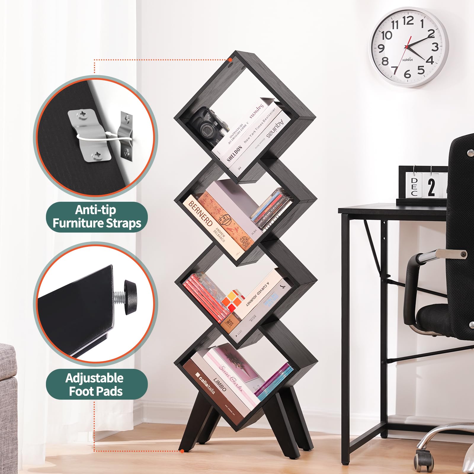 Yoobure Black Bookshelf - Small Book Shelf, 4-Tier Tall Bookcases Book Organizer, Industrial Bookshelves Floor Standing for CDs/Books in Small Spaces, Bedroom, Living Room, Home Office