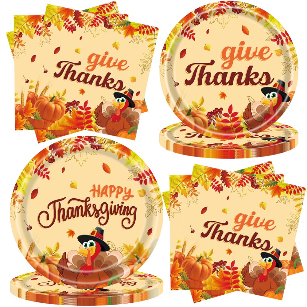 Thanksgiving Party Supplies Tableware Set, Fall Turkey Dinner Plates, Dessert Plates, Napkins for Happy Thanksgiving Party Decorations, Serve 16