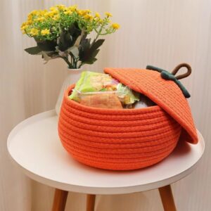 Halloween Storage Basket with Lid, Woven Pumpkin Basket, Cute Halloween Cotton Rope Woven Candy Basket Bag Organizer Bins for Halloween Party Favor Christmas Decorative Basket (S)