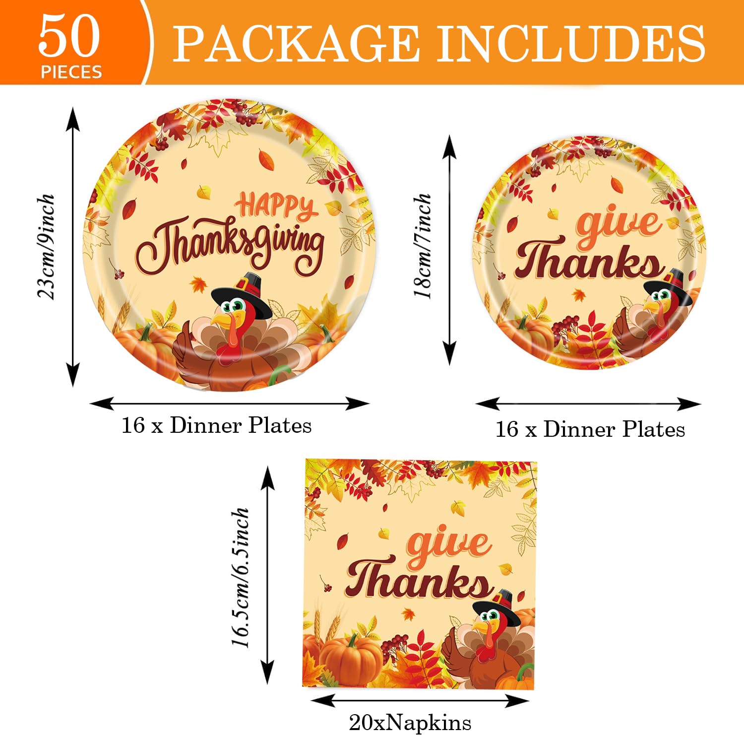 Thanksgiving Party Supplies Tableware Set, Fall Turkey Dinner Plates, Dessert Plates, Napkins for Happy Thanksgiving Party Decorations, Serve 16