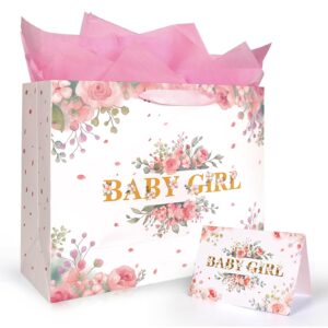 13'' large pink floral gift bag for baby girl - includes wrapping paper, pink tissue paper, and card for newborn gifts, showers, birthdays, and celebrations