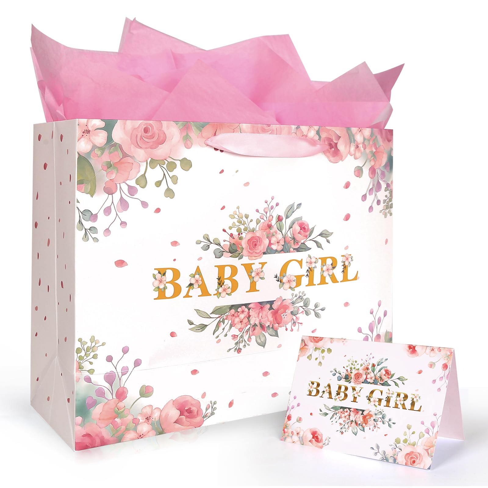 13'' Large Pink Floral Gift Bag for Baby Girl - Includes Wrapping Paper, Pink Tissue Paper, and Card for Newborn Gifts, Showers, Birthdays, and Celebrations