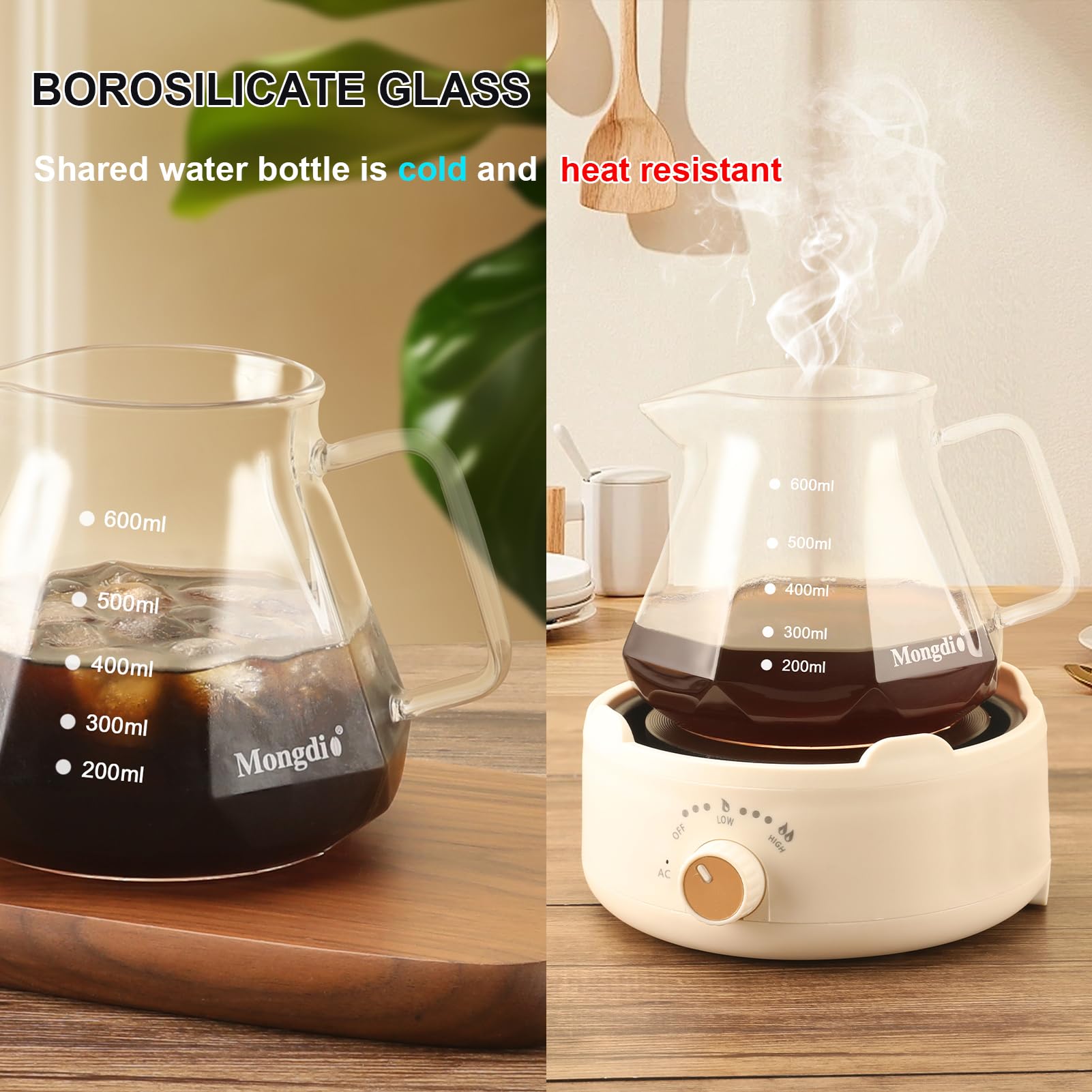 Mongdio Pour Over Coffee Maker, 20 oz V60 High-Heat Borosilicate Glass Coffee Maker with 100pcs Paper Filters, 5 in 1 Drip Coffee Maker Set for Home Café Restaurant and Camping - 600ml, Clear