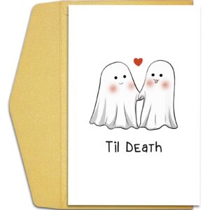 qiliji cute ghost wedding card, halloween anniversary card for couple, bridal shower card for bride, engagement card for friend, valentine's day card for husband wife, til death greeting card