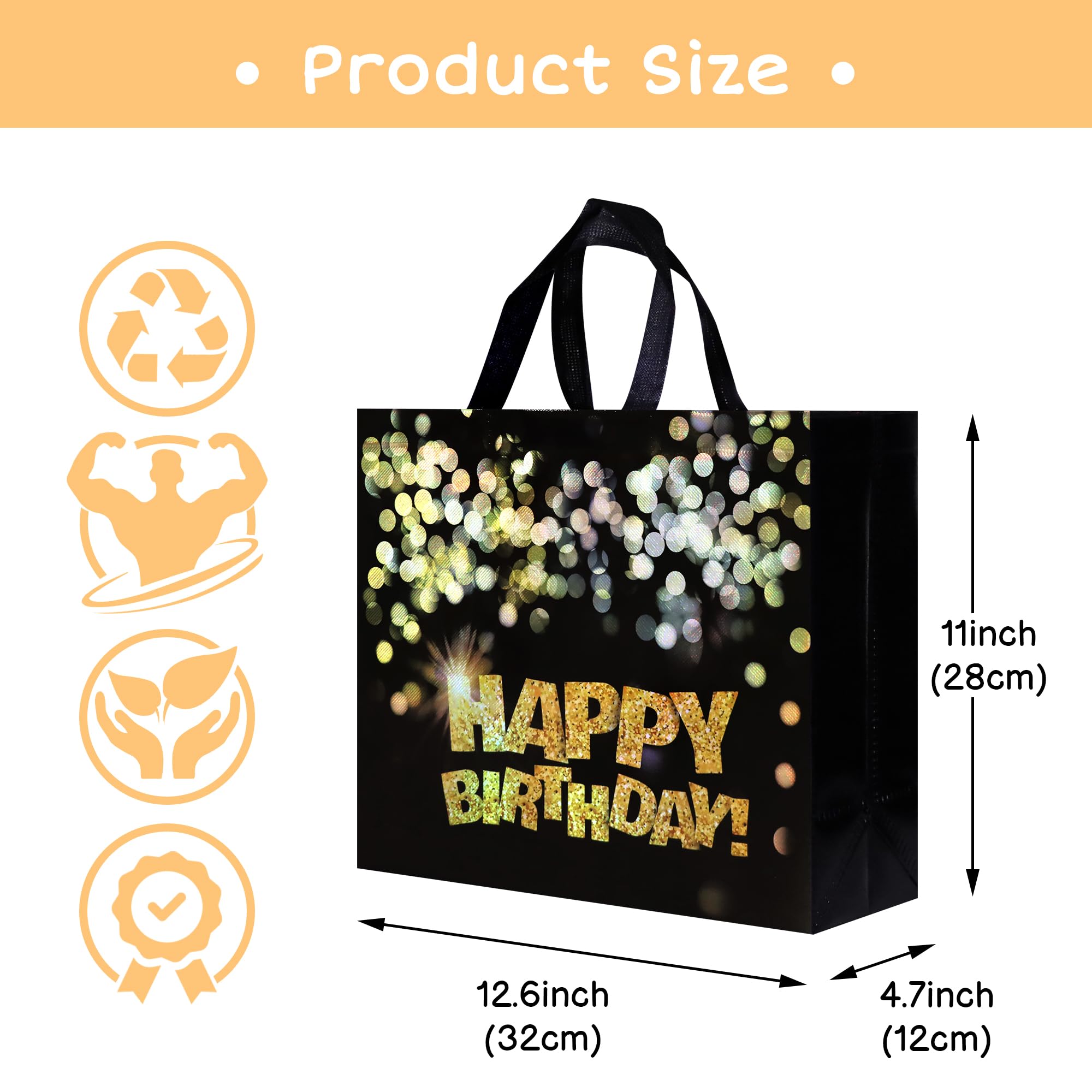 cabzymx 9 pcs Black Birthday Gift Bags with Bases, 12.8 x 4.7 x 11.8 In Large Happy Birthday Party Bags with Gold Shiny Polka Dot, Non-woven Reusable Gift Bags for Girls, Boys