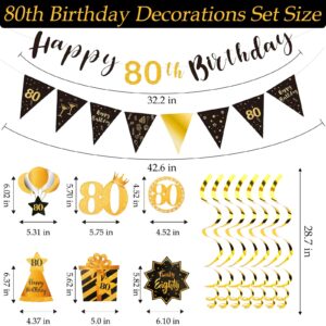 FASOTY 80th Birthday Decorations Black Gold 80th Birthday Decorations For Men Women Pre-assembled Happy 80th Birthday Banner Triangle Flag Glitter Hanging Swirls for 80th Birthday Party Birthday Party Decorations Supplies