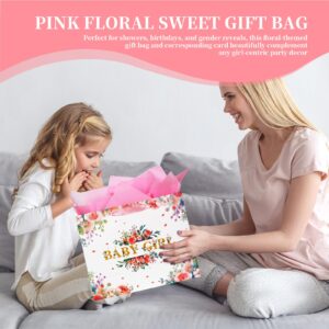 13'' Large Pink Floral Gift Bag for Baby Girl - Includes Wrapping Paper, Pink Tissue Paper, and Card for Newborn Gifts, Showers, Birthdays, and Celebrations