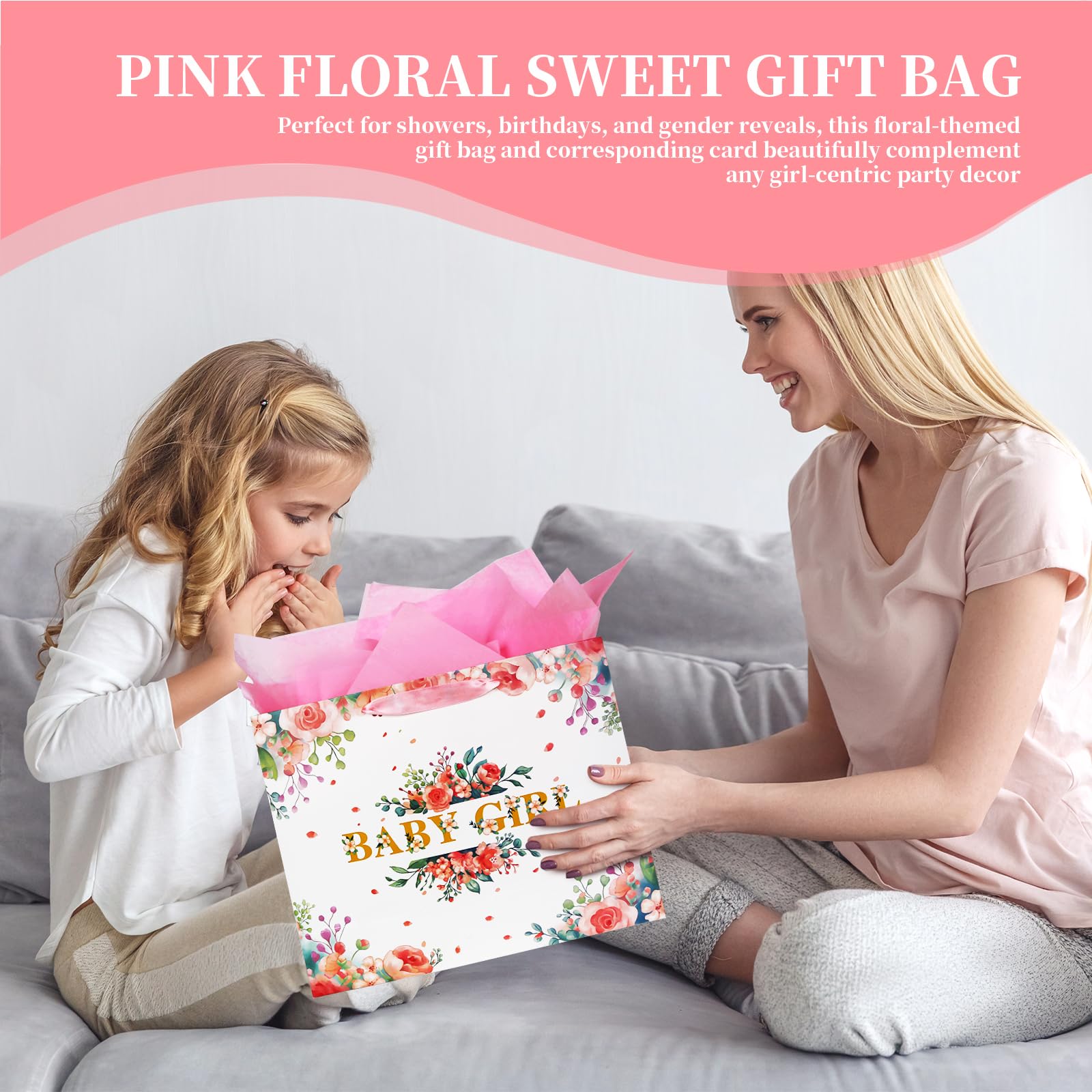 13'' Large Pink Floral Gift Bag for Baby Girl - Includes Wrapping Paper, Pink Tissue Paper, and Card for Newborn Gifts, Showers, Birthdays, and Celebrations