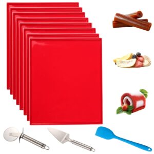 oucbnd 8 pcs silicone dehydrator trays with edge - 12 x 10 inch non-stick reusable dehydrator fruit leather mats with silicone scraper cutter wheel for fruit vegetables meat herbs and liquid (red)