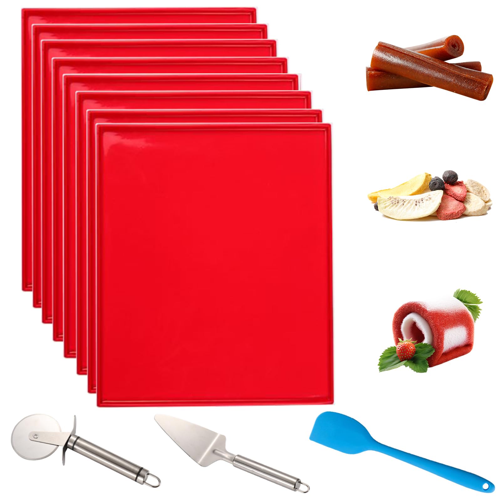 OUCBND 8 Pcs Silicone Dehydrator Trays with Edge - 12 x 10 Inch Non-stick Reusable Dehydrator Fruit Leather Mats with Silicone Scraper Cutter Wheel for Fruit Vegetables Meat Herbs and Liquid (red)