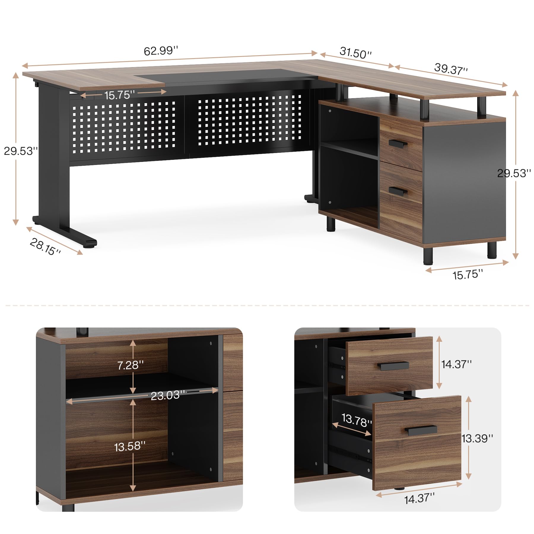 LITTLE TREE Large Computer Desk with File Cabinet, 63 Inch Executive Desk L Shaped Office Desk with Drawers and Storage Shelves, Business Furniture Desk Workstation for Home Office