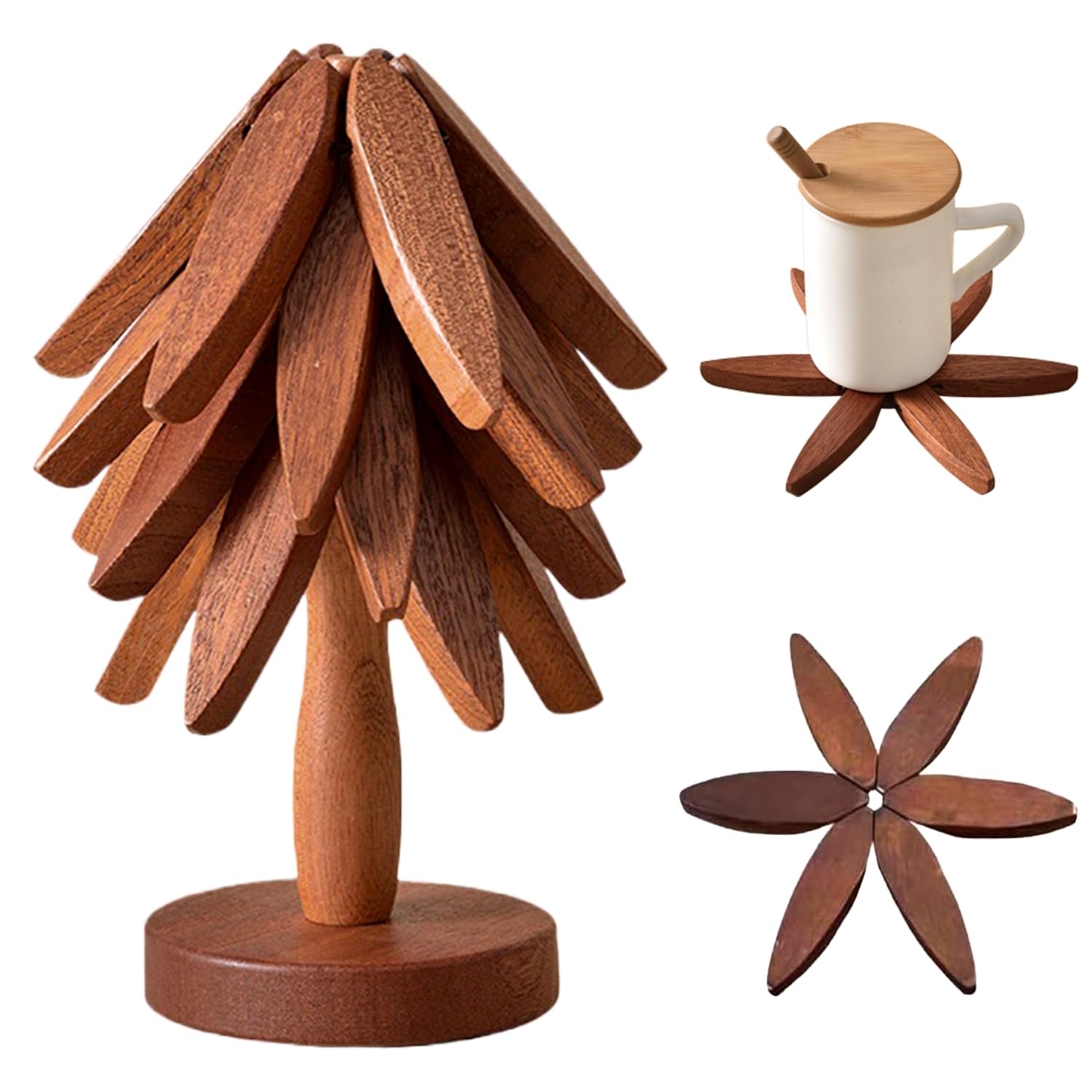 Wooden Trivets for Hot Dishes， Tree Shape Trivet Set,Trivets for Hot Dishes - 4 Wooden Trivets + 1 Stand stored Like a Christmas Tree (Walnut Wood)