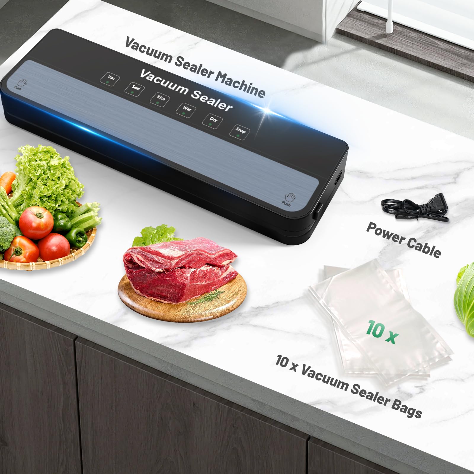 Vacuum Sealer Machine Food Vacuum Sealer for Food Storage Food Sealer Machine 6-in-1 for Dry/Moist Modes, Compact Design with 10 Vacuum Sealer Bags