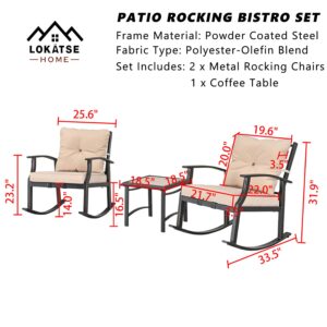 LOKATSE HOME 3 PCS Patio Bistro Furniture Outdoor Wicker Rocking Chairs Sets Armchairs with Cushion and Metal Coffee Table for Backyard Deck Lawn Garden, Khaki