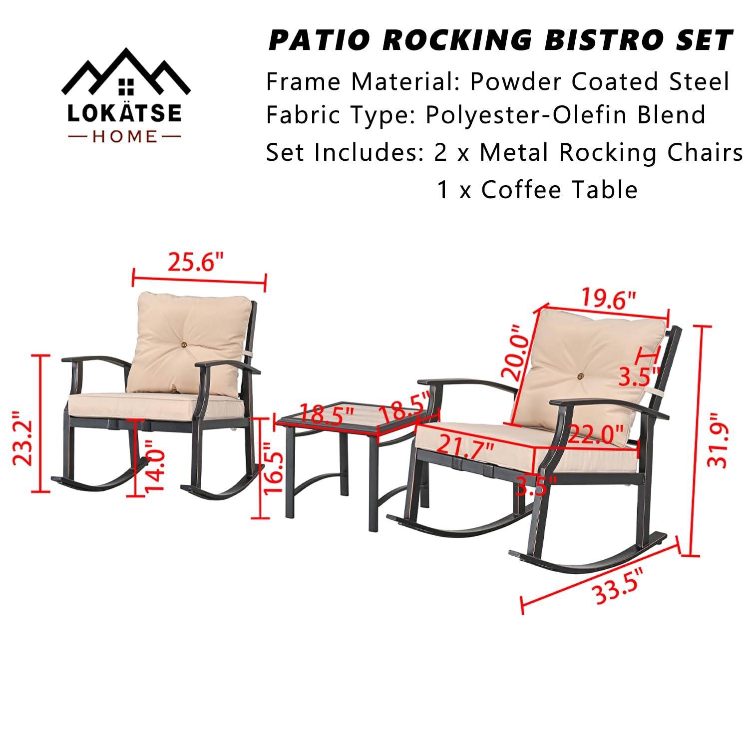 LOKATSE HOME 3 PCS Patio Bistro Furniture Outdoor Wicker Rocking Chairs Sets Armchairs with Cushion and Metal Coffee Table for Backyard Deck Lawn Garden, Khaki