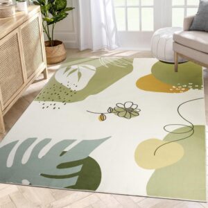 nesrt Green Washable Area Rug 5x7, Boho Kids Bedroom Playroom Rug, Non-Slip Botanical Living Room Rugs, Soft Floral Floor Carpet for Kitchen Nursery Laundry Room (Green, 5'x7')