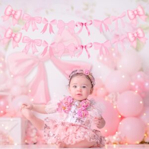 4Pcs Pink Bow Garland Banner, Pre Strung Pink Bow Banner Bow Party Decortions for Girls Bow Birthday Baby Shower Decorations, Coquette Birthday Party Coquette Bridal Shower, Bow Party Decor