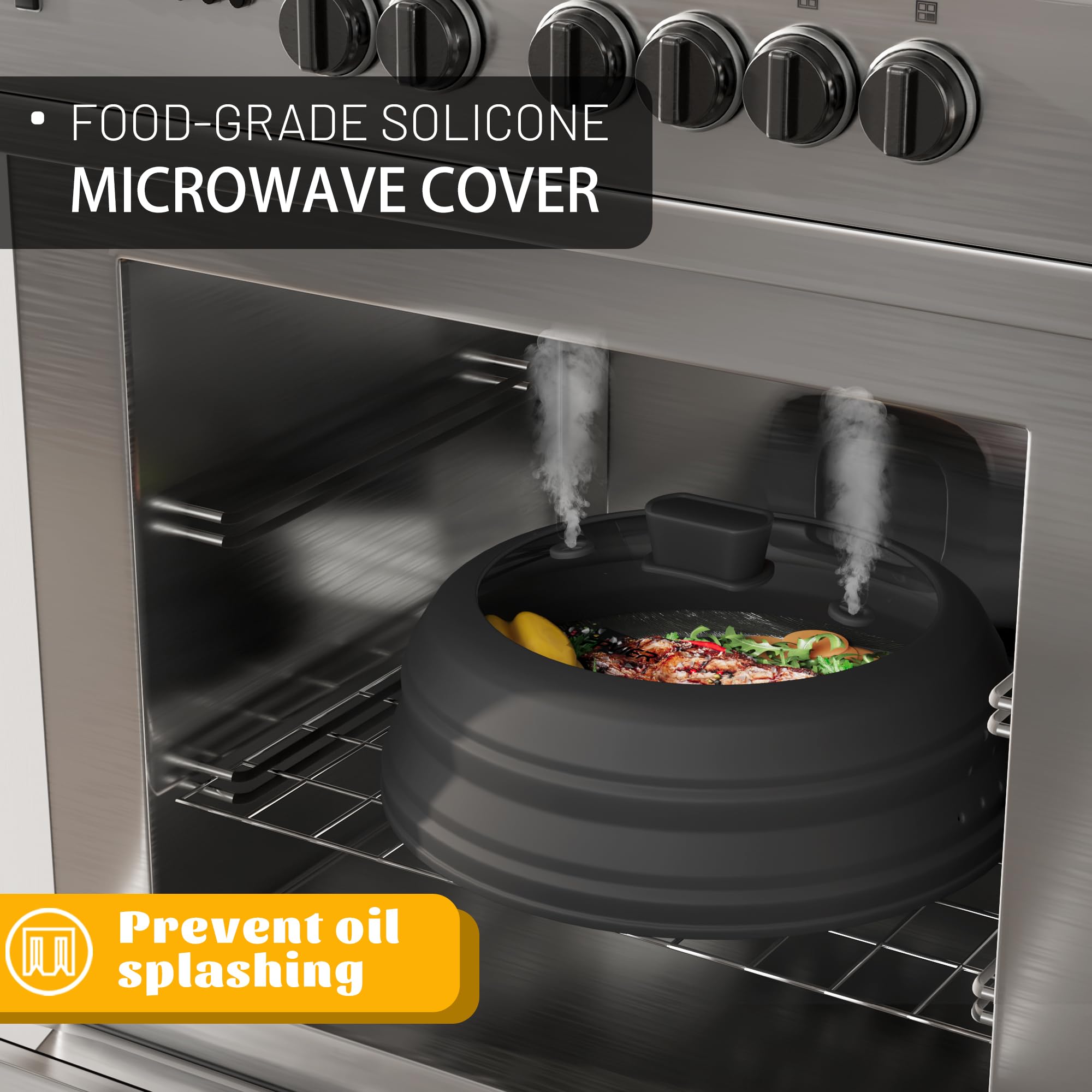 Microwave Splatter Cover, Collapsible Silicone Microwave Plate Cover with Glass for Food Splatter Guard Lid 9 inch Black