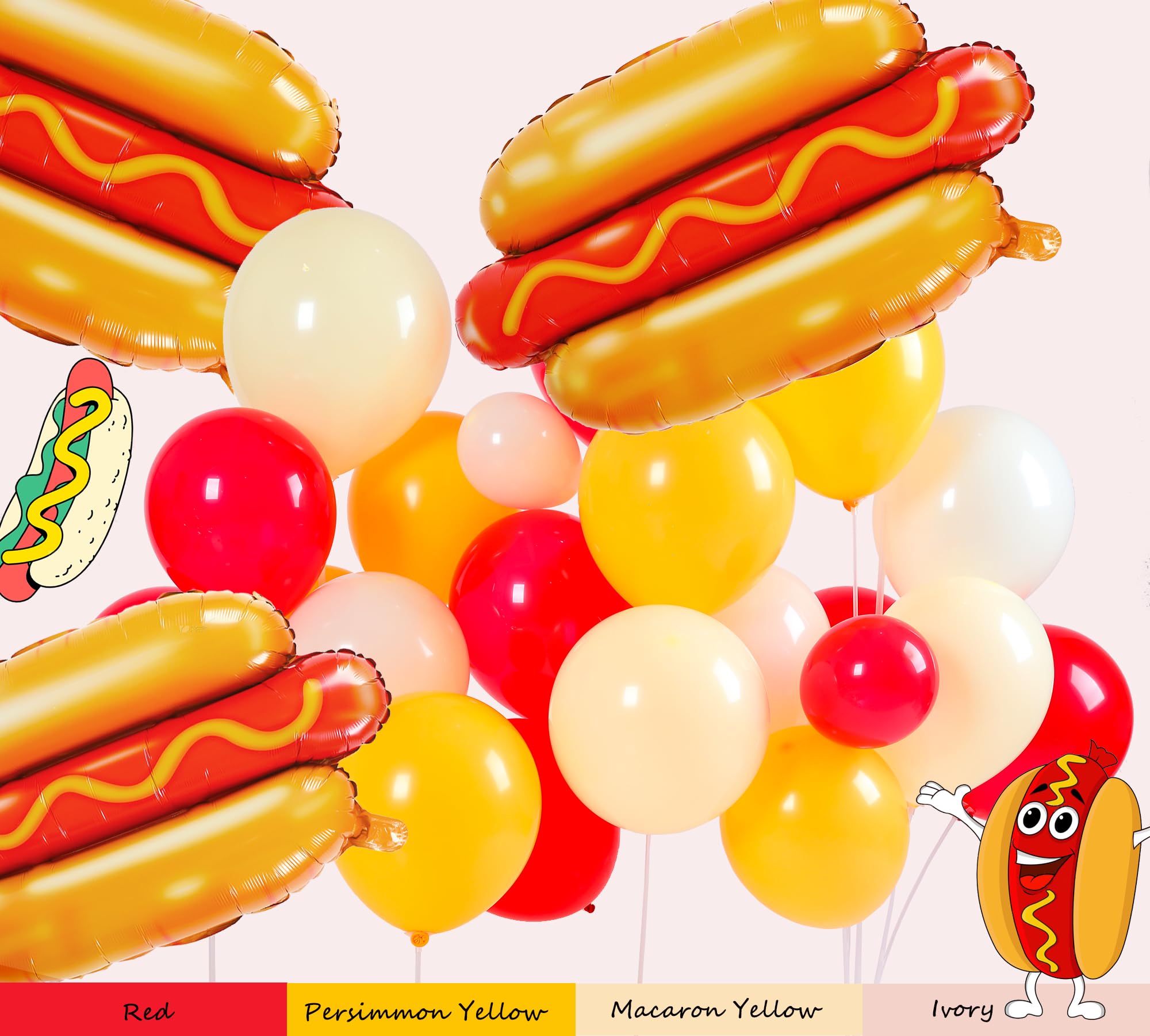 Woaipati Cute Hot Dog Balloon Garland Arch Kit，151PCS Red and Yellow Balloons, Creative Theme for Baby Shower Gender Reveal Boy Girl Birthday Cookout Fast Food Snacks Themed Party Decorations