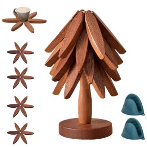 wooden trivets for hot dishes-tree shape trivet set,trivets for hot dishes - 4 wooden trivet + 1 stand for hot dishes/pot/bowl/teapot/hot pot holders (walnut)