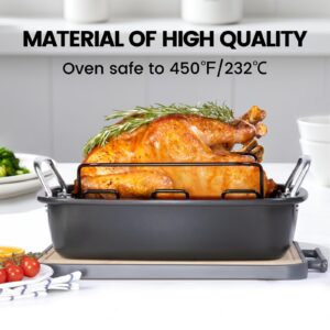 Olabocio Nonstick Roasting Pan with Rack, Turkey Roasting Pan for Oven, Large Roaster Pan with Handle for Chicken, 17 Inch X 13 Inch, Carbon Steel, Dark Grey