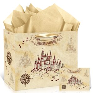 magical wizard gift bags wizard school party favors bag with tissue paper and card welcome wizard castle goodie kraft bags wrapping paper for kids boy girl birthday christmas wizard party decorations