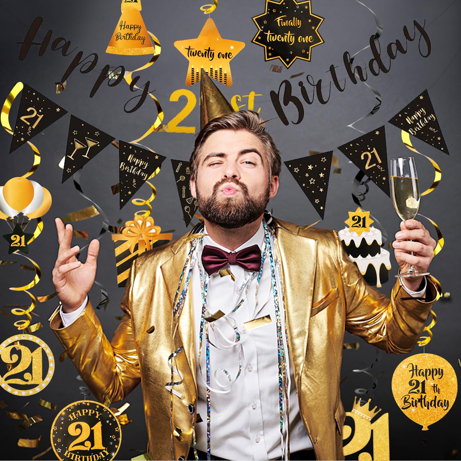 FASOTY 21st Birthday Decorations Black Gold Happy 21st Birthday Decorations For Him Pre-assembled 21st birthday banner Triangle Flag Banner and Glitter 21 Hanging Swirls 21st Birthday Party Decorations Set Birthday Party Decorations Supplies