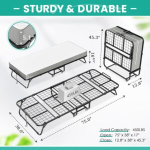 Greenvelly Folding Bed with Mattress, 75" x 38" Roll Away Beds for Adults,Metal Frame Fold Up Beds with Memory Foam Mattress,Guest Bed