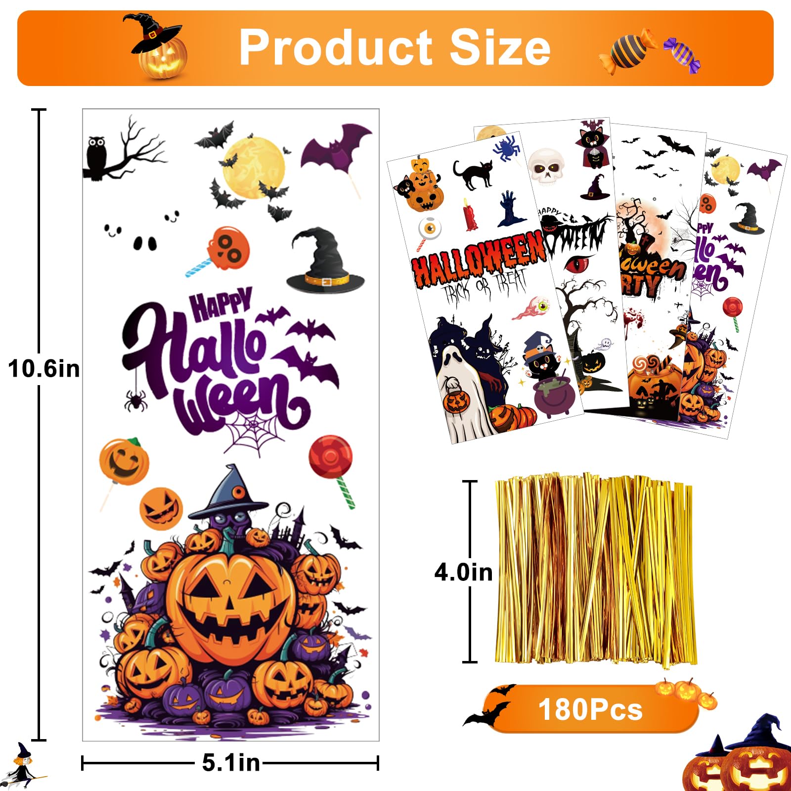 BBPOOL Halloween Treat Bags, 160pcs Halloween Cellophane Bags with Twist Ties Clear Plastic Trick or Treating Bags Halloween Goodie bags for Candy Cookies Snacks Gift Wrapping