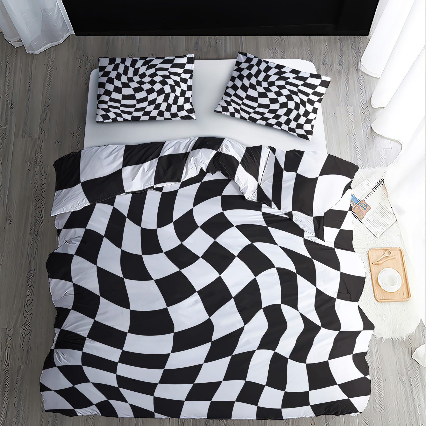 Optical Illusion Duvet Cover Twin, Black and White Checkered Geometric Checkerboard Psychedelic Bedding Set & Bedroom Decor - Breathable Microfiber, 2 Pillow Shams, with Zipper Closure & Corner Ties