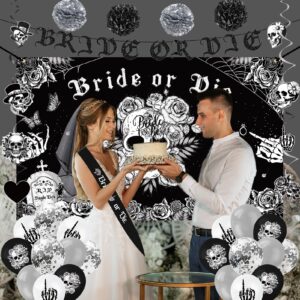 Roetyce Bride or Die Bachelorette Party Decorations, 35PCS Black Bride to Be Banner Balloons Sash Veil Hanging Swirls Cake Topper Kit, Till Death Do Us Decorations for Bridal Shower Wedding Party