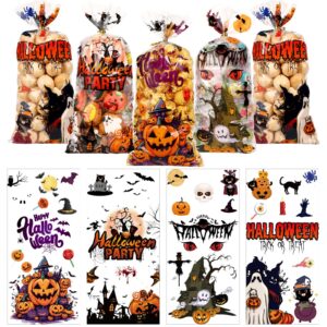 bbpool halloween treat bags, 160pcs halloween cellophane bags with twist ties clear plastic trick or treating bags halloween goodie bags for candy cookies snacks gift wrapping