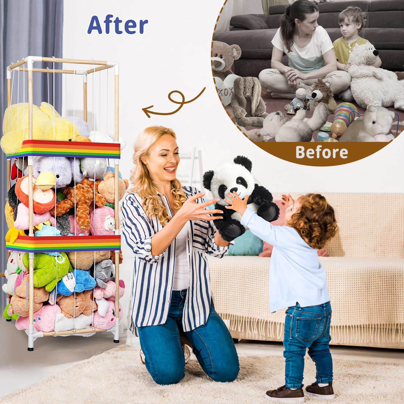 Stuffed Animal Toy Storage Organizer,Large Wooden Stuffed Animals Zoo Holder, Space Save Vertical Stuffed Animals Storage with Adjustable Feets,Kids Toy Organizer for Nursery PlayRoom Bedroom KidRoom