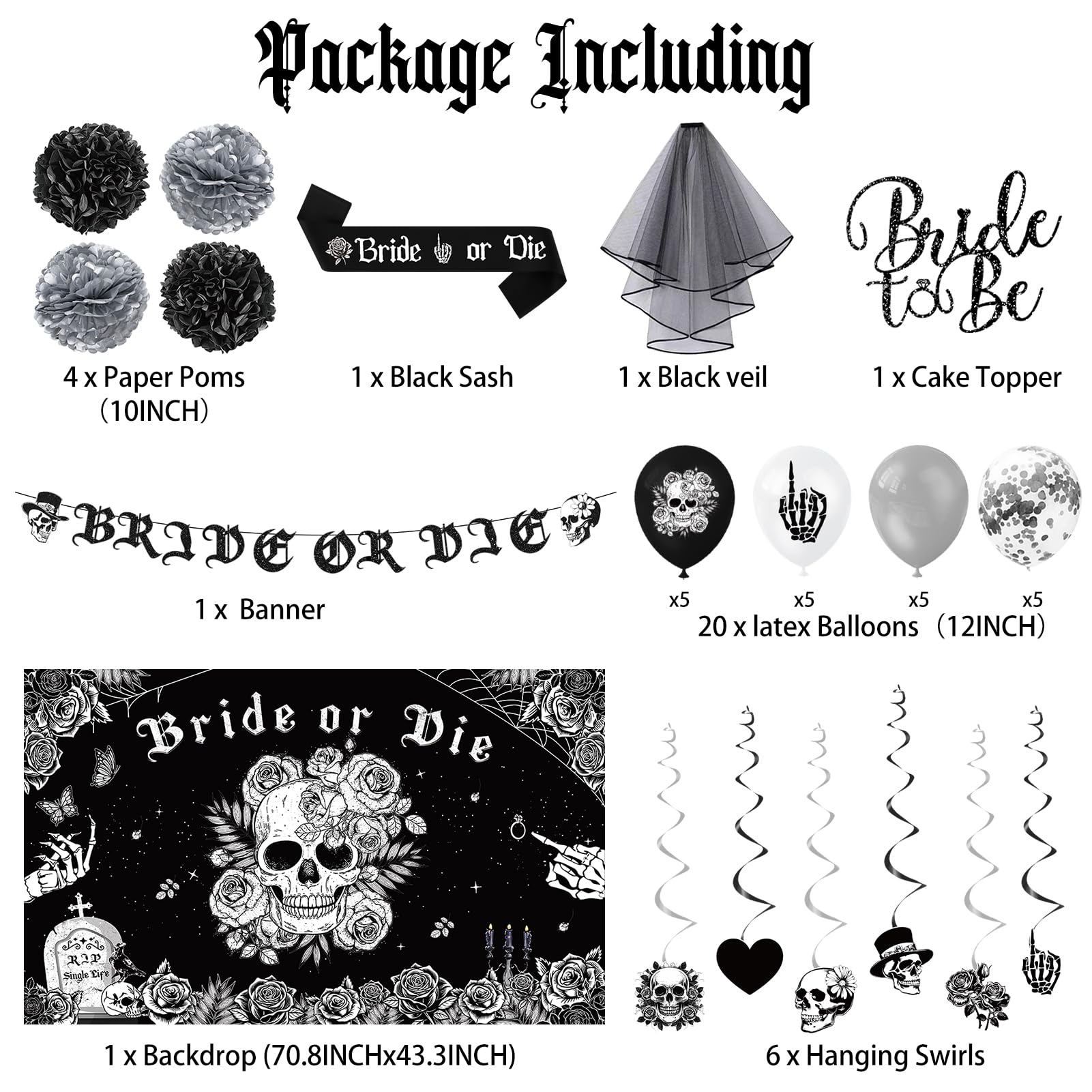 Roetyce Bride or Die Bachelorette Party Decorations, 35PCS Black Bride to Be Banner Balloons Sash Veil Hanging Swirls Cake Topper Kit, Till Death Do Us Decorations for Bridal Shower Wedding Party