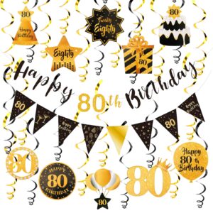 fasoty 80th birthday decorations black gold 80th birthday decorations for men women pre-assembled happy 80th birthday banner triangle flag glitter hanging swirls for 80th birthday party birthday party decorations supplies